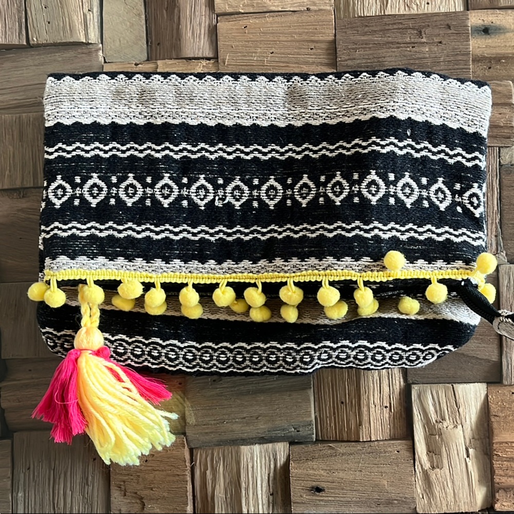 Black and Grey Patterned Clutch with Yellow Tassels